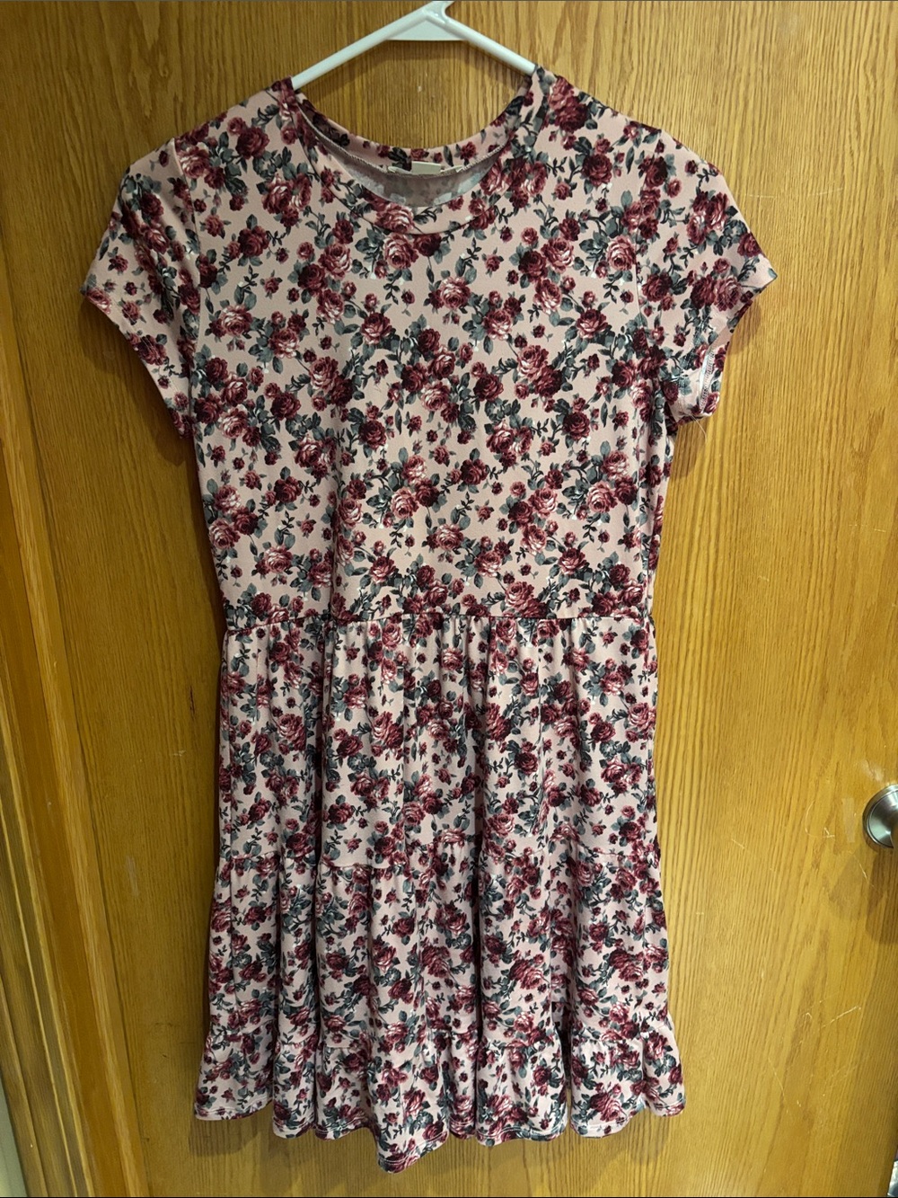 Knit Works, girls short sleeve dress, rose pink with roses, XL 16